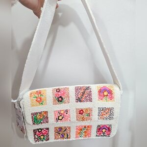 Viral Beaded Floral Square Patch Shoulder Bag - White, Made In India